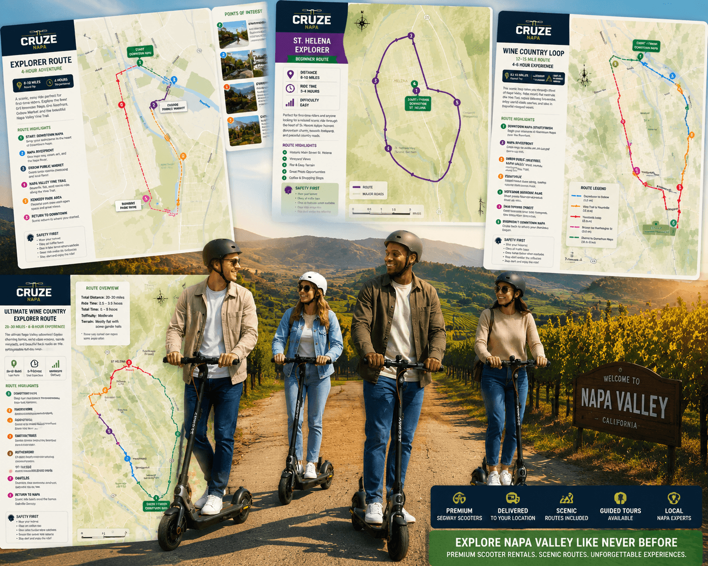 Scenic Napa Valley wine country road perfect for scooter adventures, showcasing routes for all experience and difficulty levels